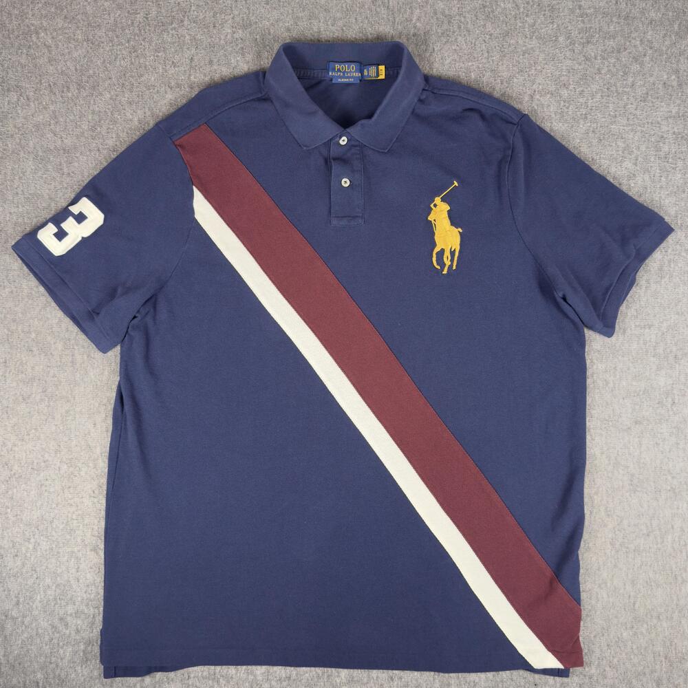 Polo Ralph Lauren Polo Shirt Mens XL Blue Sash Gold Big Pony 3 Patch Pique Knit